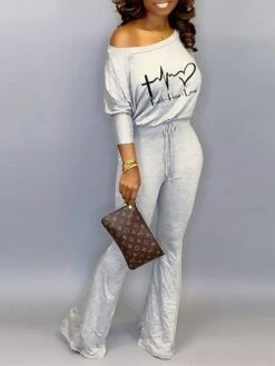 Women's Jumpsuit Lace Up Print Letter One Shoulder Casual Street Vacation Regular Fit Long Sleeve Batwing Sleeve Green Black Gray S M L Spring