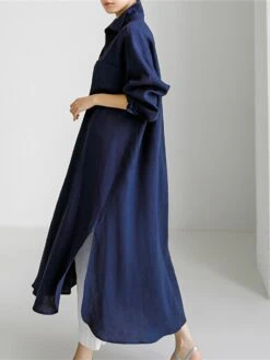 Women's Cotton Linen Dress Casual Dress Swing Dress Maxi Long Dress Cotton Blend Stylish Casual Winter Dress Daily Holiday Shirt Collar Button Pocket Long Sleeve Summer Spring Fall 2022 Loose Fit -Cheap Plus Fit Dress Store mvkzva1658457829610