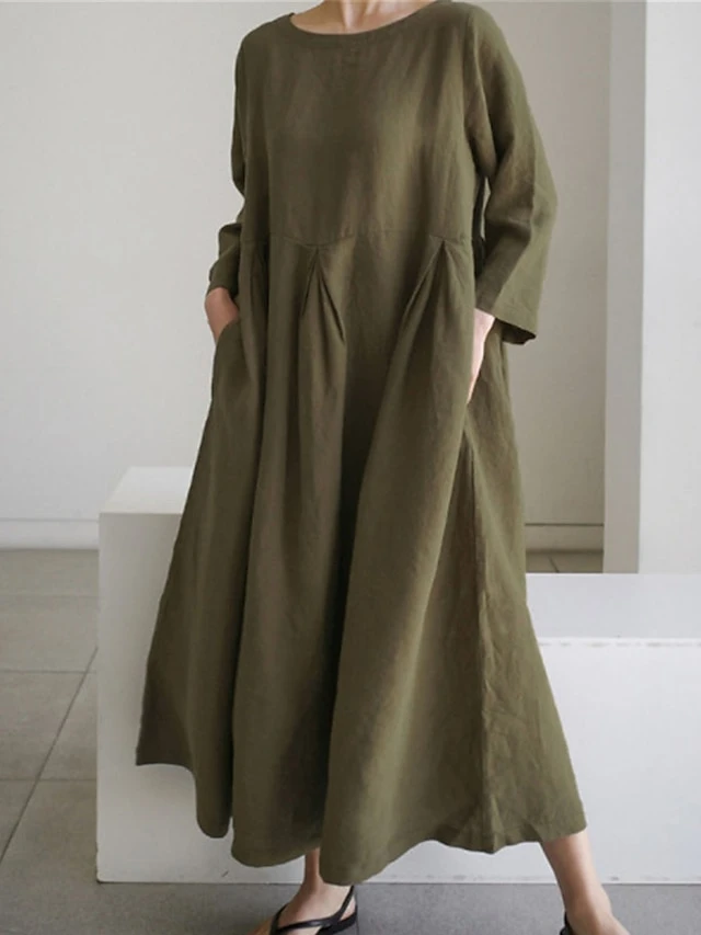 Women's Cotton Linen Dress Casual Dress Swing Dress Maxi Long Dress Cotton Blend Basic Classic Outdoor Daily Crew Neck Pocket Smocked Long Sleeve Summer Spring Fall 2023 Loose Fit Black Yellow Green 7 Women's Cotton Linen Dress Casual Dress Swing Dress Maxi Long Dress Cotton Blend Basic Classic Outdoor Daily Crew Neck Pocket Smocked Long Sleeve Summer Spring Fall 2023 Loose Fit Black Yellow Green - Image 7