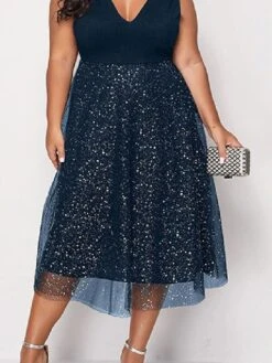 Women‘s Plus Size Curve Party Dress Solid Color V Neck Mesh Sleeveless Spring Fall Elegant Sexy Sequins Prom Dress Midi Dress Formal Party Dress Sequin Dress Homecoming Dress Print -Cheap Plus Fit Dress Store mweefw1648866352783
