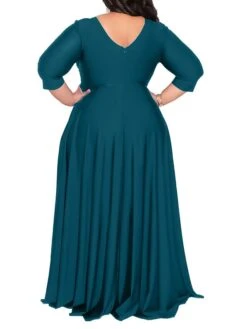 Women‘s Plus Size Curve Party Dress Pure Color V Neck 3/4 Length Sleeve Fall Spring Elegant Maxi Long Dress Party Evening Party Dress -Cheap Plus Fit Dress Store mwjwmv1672020374839