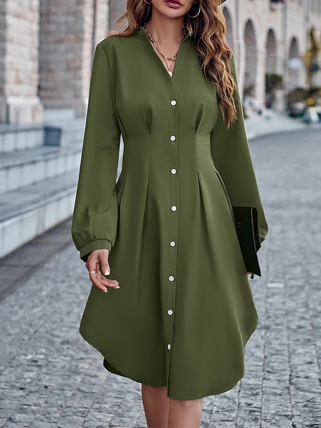 Women's Shirt Dress Casual Dress Mini Dress Outdoor Daily Date Polyester Fashion Modern V Neck Ruched Button Long Sleeve Fall Winter 2023 Loose Fit ArmyGreen Orange Apricot Pure Color S M L XL 7 Women's Shirt Dress Casual Dress Mini Dress Outdoor Daily Date Polyester Fashion Modern V Neck Ruched Button Long Sleeve Fall Winter 2023 Loose Fit ArmyGreen Orange Apricot Pure Color S M L XL - Image 7