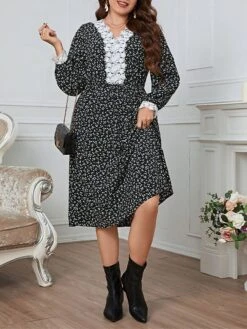 Women's Plus Size Curve Party Dress Wedding Guest Dress Black Dress Midi Dress Black Long Sleeve Flower Patchwork Spring Fall Winter V Neck Fashion Winter Dress Evening Party Wedding Guest XL XXL 3XL -Cheap Plus Fit Dress Store mxiuoh1692942508285