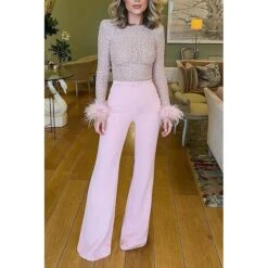Women's Jumpsuit For Special Occasions Party Solid Color Feather Patchwork Wide Leg Long Sleeve Cocktail Fall -Cheap Plus Fit Dress Store mxnwsc1677832672533