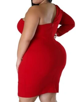 Women‘s Plus Size Curve Party Dress Solid Color One Shoulder Long Sleeve Fall Winter Formal Knee Length Dress Party Date Dress -Cheap Plus Fit Dress Store mxoyhi1658995287223