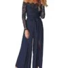 Women's Jumpsuit For Special Occasions Lace Backless Solid Color Off Shoulder Streetwear Going Out Bar Regular Fit Long Sleeve Navy Blue S M L Winter