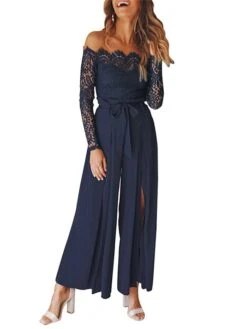 Women's Jumpsuit For Special Occasions Lace Backless Solid Color Off Shoulder Streetwear Going Out Bar Regular Fit Long Sleeve Navy Blue S M L Winter