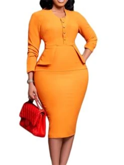 Women‘s Plus Size Curve Work Dress Solid Color V Neck Long Sleeve Fall Winter Work Elegant Formal Knee Length Dress Formal Work Dress -Cheap Plus Fit Dress Store mxrcrn1663308383468