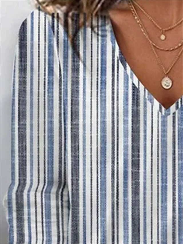 Women's T Shirt Tee Yellow Light Green Blue Striped Print Long Sleeve Daily Weekend Basic V Neck Regular Fit Painting Fall & Winter 2 Women's T Shirt Tee Yellow Light Green Blue Striped Print Long Sleeve Daily Weekend Basic V Neck Regular Fit Painting Fall & Winter - Image 2