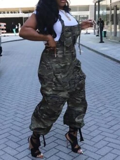Women's Jumpsuit Pocket Print Camo / Camouflage Square Neck Streetwear Street Daily Regular Fit Sleeveless Army Green S M L Fall -Cheap Plus Fit Dress Store myeshm1695368255464