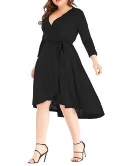 Women‘s Plus Size Curve Work Dress Semi Formal Dress Wrap Dress Fashion Midi Dress Lace Up V Neck Long Sleeve Plain Regular Fit Black Blue Spring Fall XL XXL 3XL 4XL 5XL -Cheap Plus Fit Dress Store mzeuvf1691402324686