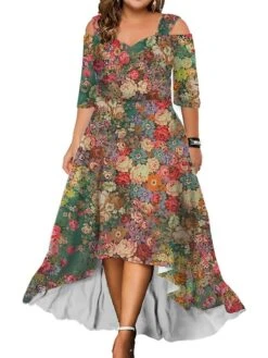 Women‘s Plus Size Curve Party Dress Wedding Guest Dress Swing Dress Long Dress Maxi Dress Black Pink Red 3/4 Length Sleeve Floral Cold Shoulder Summer Spring Fall V Neck Fashion Birthday Wedding Guest -Cheap Plus Fit Dress Store mzgqge1690428423108