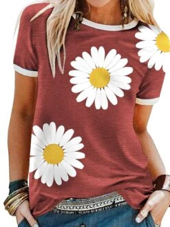 Women's T Shirt Tee Yellow Red Blue Floral Sunflower Daisy Short Sleeve Daily Round Neck Loose Fit Summer -Cheap Plus Fit Dress Store mzkaea1637298842202