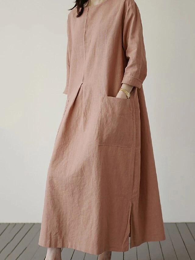 Women's Casual Dress Cotton Linen Dress Maxi Long Dress Linen / Cotton Blend Basic Classic Outdoor Daily Vacation Crew Neck Pocket Split 3/4 Length Sleeve Spring Fall Autumn 2023 Loose Fit Red Apricot 5 Women's Casual Dress Cotton Linen Dress Maxi Long Dress Linen / Cotton Blend Basic Classic Outdoor Daily Vacation Crew Neck Pocket Split 3/4 Length Sleeve Spring Fall Autumn 2023 Loose Fit Red Apricot - Image 5