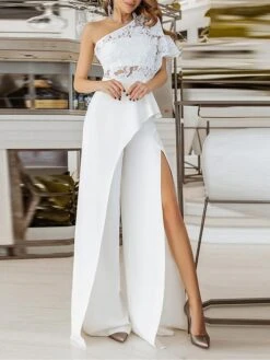 Women Party Jumpsuit Lace High Waist Solid Color One Shoulder Wedding Streetwear Prom Regular Fit Half Sleeve White S M L Summer