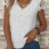 Women's Shirt Blouse Pale Pinkish Gray Black White Plain Lace Button Short Sleeve Casual Basic V Neck Regular Fit