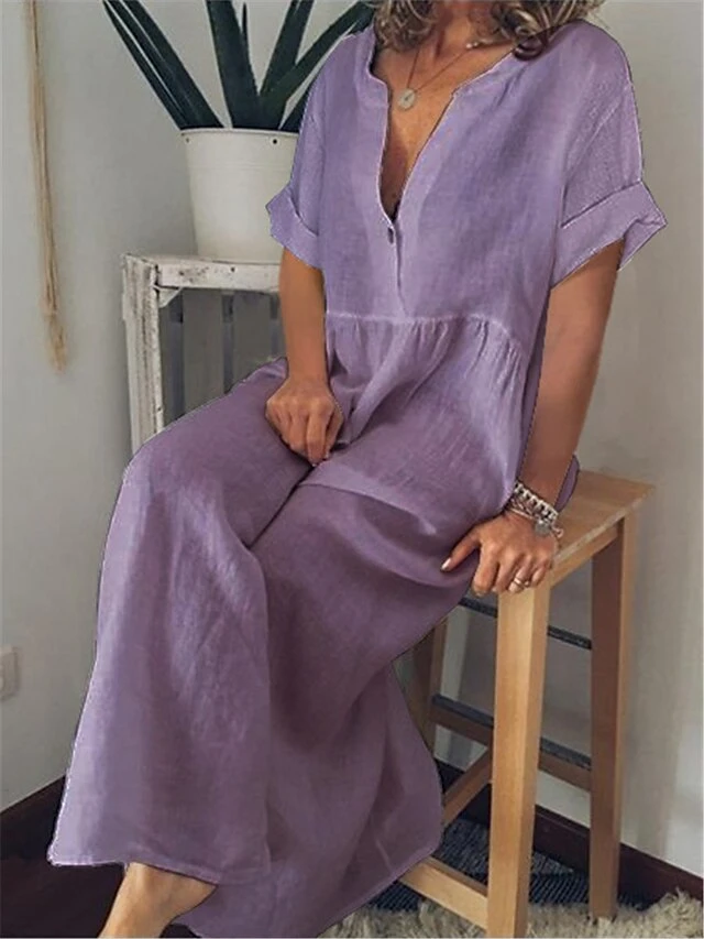 Women's Casual Dress Cotton Linen Dress Maxi Long Dress Cotton Blend Basic Classic Outdoor Daily Vacation Split Neck Button Short Sleeve Summer Spring 2023 Loose Fit Black White Blue Plain S M L XL 2 Women's Casual Dress Cotton Linen Dress Maxi Long Dress Cotton Blend Basic Classic Outdoor Daily Vacation Split Neck Button Short Sleeve Summer Spring 2023 Loose Fit Black White Blue Plain S M L XL - Image 2