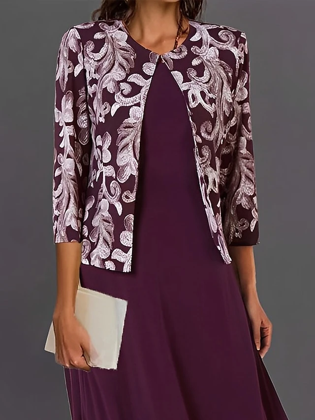 Women's Casual Dress Dress Set Two Piece Dress Midi Dress Black Wine Navy Blue 3/4 Length Sleeve Print Print Winter Fall Autumn Crew Neck Stylish 2023 S M L XL XXL 3XL 2 Women's Casual Dress Dress Set Two Piece Dress Midi Dress Black Wine Navy Blue 3/4 Length Sleeve Print Print Winter Fall Autumn Crew Neck Stylish 2023 S M L XL XXL 3XL - Image 2