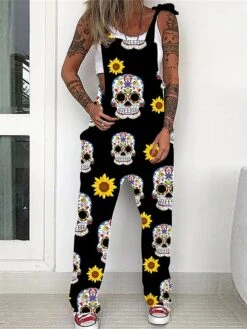 Women's Overall Halloween Skeleton Pocket Print Floral Square Neck Streetwear Daily Vacation Regular Fit Sleeveless Black White Yellow S M L Summer 10 Women's Overall Halloween Skeleton Pocket Print Floral Square Neck Streetwear Daily Vacation Regular Fit Sleeveless Black White Yellow S M L Summer -Cheap Plus Fit Dress Store naxfjy1681730640571