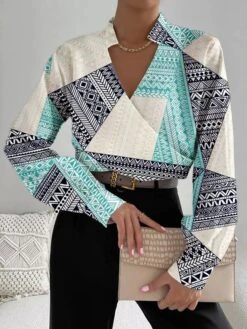 Women's Shirt Blouse Red Blue Brown Graphic Geometric Print Long Sleeve Casual Daily Basic V Neck Regular Fit Geometric Fall & Winter -Cheap Plus Fit Dress Store nbebhn1690456663371