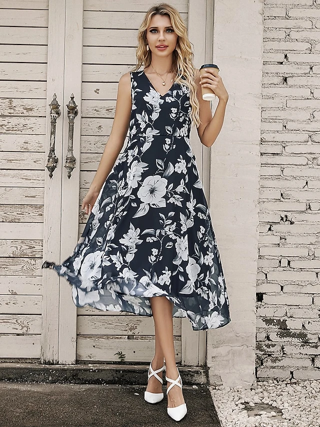 Women's Two Piece Dress Set Casual Dress Chiffon Dress Outdoor Daily Fashion Elegant Print Midi Dress V Neck Half Sleeve Floral Regular Fit Black Pink Gray Summer Spring S M L XL XXL 5 Women's Two Piece Dress Set Casual Dress Chiffon Dress Outdoor Daily Fashion Elegant Print Midi Dress V Neck Half Sleeve Floral Regular Fit Black Pink Gray Summer Spring S M L XL XXL - Image 5