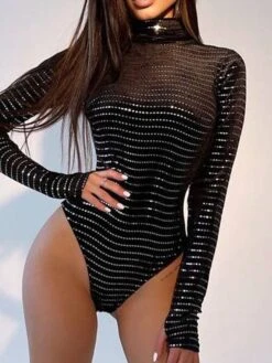 Women‘s Bodysuit Sparkly Striped Turtleneck Active Street Vacation Bodycon Long Sleeve Black S M L Spring Cold Weather -Cheap Plus Fit Dress Store nbqlyb1640597338570