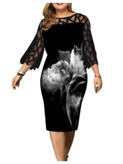 Women‘s Plus Size Curve Party Dress Butterfly Crew Neck Print 3/4 Length Sleeve Spring Fall Work Casual Sexy Prom Dress Midi Dress Daily Work Dress -Cheap Plus Fit Dress Store ncbgdz1628488795968