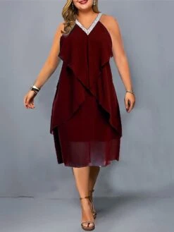 Women‘s Plus Size Curve Casual Dress Chiffon Dress Halter Neck Dress Plain Midi Dress Sleeveless Patchwork Layered Halter Fashion Outdoor Red Green Summer Spring L XL XXL 3XL 4XL -Cheap Plus Fit Dress Store nclurd1688016398842