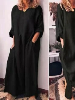 Women's Casual Dress Cotton Linen Dress Shift Dress Maxi Long Dress Bamboo Fashion Modern Outdoor Daily Vacation Crew Neck Pocket Long Sleeve Summer Spring Fall 2023 Regular Fit Black Yellow Wine -Cheap Plus Fit Dress Store ncuwlu1682673906464