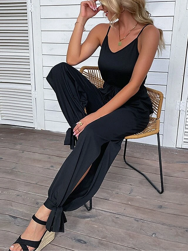 Women's Jumpsuit Backless Pocket Solid Color V Neck Streetwear Street Daily Regular Fit Sleeveless Black S M L Summer 1 Women's Jumpsuit Backless Pocket Solid Color V Neck Streetwear Street Daily Regular Fit Sleeveless Black S M L Summer