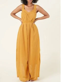 Women's Jumpsuit Lace Up Backless Solid Color V Neck Streetwear Daily Vacation Loose Fit Sleeveless Yellow Orange Green S L XL Spring