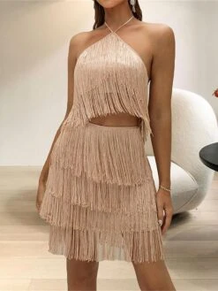 Women's Two Piece Dress Set Party Dress Skirt Set Party Holiday Fashion Party Tassel Fringe Backless Mini Dress Halter Neck Sleeveless Plain Slim Khaki Spring Fall S M L