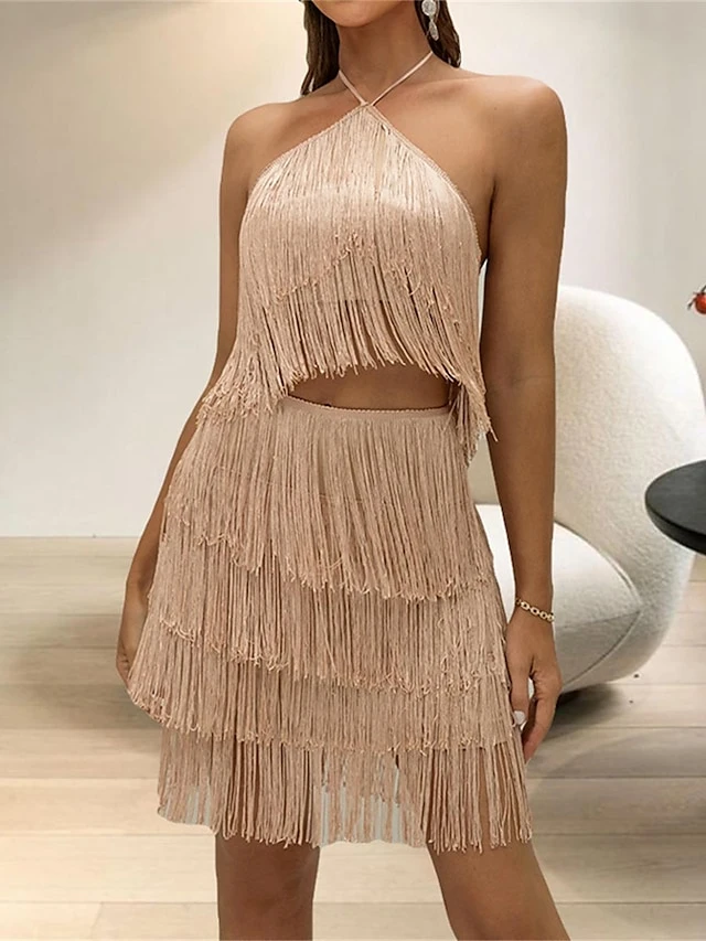 Women's Two Piece Dress Set Party Dress Skirt Set Party Holiday Fashion Party Tassel Fringe Backless Mini Dress Halter Neck Sleeveless Plain Slim Khaki Spring Fall S M L 1 Women's Two Piece Dress Set Party Dress Skirt Set Party Holiday Fashion Party Tassel Fringe Backless Mini Dress Halter Neck Sleeveless Plain Slim Khaki Spring Fall S M L