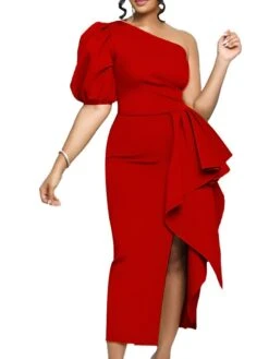 Women‘s Plus Size Curve Elegant Apple Shaped Dress Wedding Guest Party Dress Solid Color One Shoulder Short Sleeve Spring Fall Prom Dress Midi Dress Party Date Dress -Cheap Plus Fit Dress Store neennx1658993470028