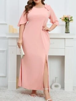 Women's Plus Size Party Dress Wedding Guest Dress Formal Dress Long Dress Maxi Dress Pink Half Sleeve Pure Color Ruffle Spring Fall Winter V Neck Fashion Birthday Evening Party Wedding Guest 2023 L -Cheap Plus Fit Dress Store neouis1693535298684