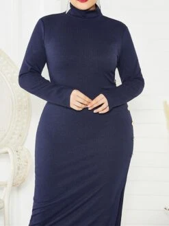 Women's Plus Size Curve Casual Dress Sweater Dress Sheath Dress Plain Midi Dress Long Sleeve Button Split Stand Collar Fashion Daily Black Wine Fall Winter XL XXL 3XL 4XL 5XL -Cheap Plus Fit Dress Store nexbpt1694151471900