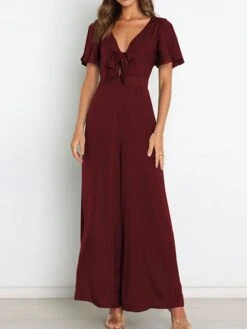 Women's Jumpsuit Ruffle Backless Solid Color V Neck Streetwear Street Daily Regular Fit Short Sleeve Green Wine Navy Blue S M L Spring / Bow -Cheap Plus Fit Dress Store nfjjhb1647857555847