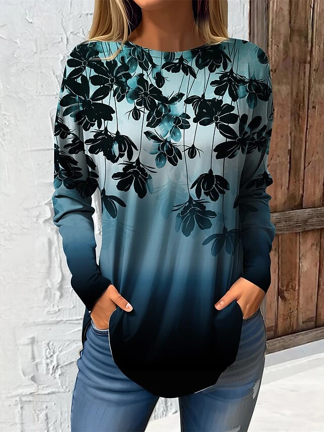 Women's T Shirt Tee Pink Blue Green Floral Print Long Sleeve Daily Weekend Fashion Round Neck Regular Fit Painting Spring &Fall 4 Women's T Shirt Tee Pink Blue Green Floral Print Long Sleeve Daily Weekend Fashion Round Neck Regular Fit Painting Spring &Fall - Image 4