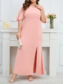 Women's Plus Size Party Dress Wedding Guest Dress Formal Dress Long Dress Maxi Dress Pink Half Sleeve Pure Color Ruffle Spring Fall Winter V Neck Fashion Birthday Evening Party Wedding Guest 2023 L -Cheap Plus Fit Dress Store nfrmvy1693535298124