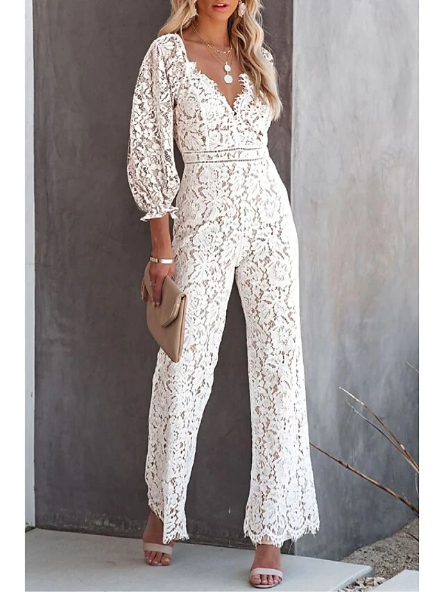 Women's Jumpsuit Lace Tassel Solid Color V Neck Elegant Wedding Work Bootcut Regular Fit Short Sleeve Poet Sleeve Black White Wine S M L Fall 1 Women's Jumpsuit Lace Tassel Solid Color V Neck Elegant Wedding Work Bootcut Regular Fit Short Sleeve Poet Sleeve Black White Wine S M L Fall