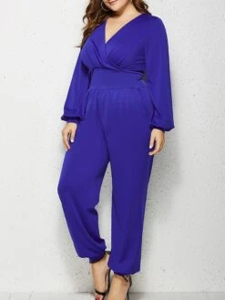 Women's Jumpsuit Pocket Solid Color V Neck Streetwear Daily Vacation Regular Fit Long Sleeve Red Royal Blue XXL 3XL 4XL Fall -Cheap Plus Fit Dress Store nfvrxf1675240212611