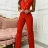 Women's Jumpsuit Zipper Button Front Solid Color Shirt Collar Business Evening Party Work Elegant Straight Regular Fit Sleeveless Blue Black Red S M L Summer