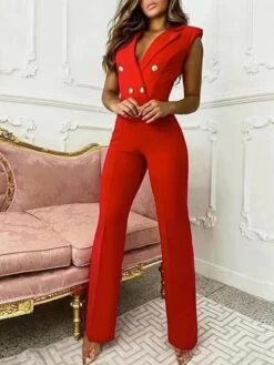 Women's Jumpsuit Zipper Button Front Solid Color Shirt Collar Business Evening Party Work Elegant Straight Regular Fit Sleeveless Blue Black Red S M L Summer