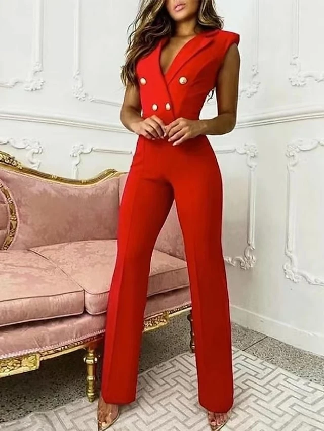 Women's Jumpsuit Zipper Button Front Solid Color Shirt Collar Business Evening Party Work Elegant Straight Regular Fit Sleeveless Blue Black Red S M L Summer 1 Women's Jumpsuit Zipper Button Front Solid Color Shirt Collar Business Evening Party Work Elegant Straight Regular Fit Sleeveless Blue Black Red S M L Summer