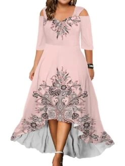 Women‘s Plus Size Curve Party Dress Wedding Guest Dress Swing Dress Long Dress Maxi Dress Black White Pink 3/4 Length Sleeve Floral Cold Shoulder Summer Spring Fall V Neck Fashion Birthday -Cheap Plus Fit Dress Store ngxvyk1690280960937