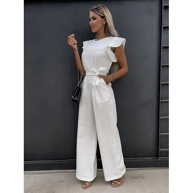 Women's Jumpsuit Ruffle Solid Color Crew Neck Elegant Vacation Going Out Wide Leg Regular Fit Sleeveless Blue Pink Khaki S M L Spring 4 Women's Jumpsuit Ruffle Solid Color Crew Neck Elegant Vacation Going Out Wide Leg Regular Fit Sleeveless Blue Pink Khaki S M L Spring - Image 4
