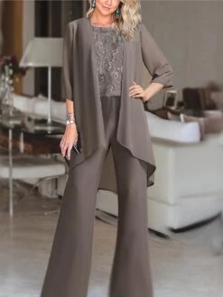 Women's Jumpsuit Lace Solid Color Round Neck Elegant Wedding Party Straight Regular Fit 3/4 Length Sleeve Brown S M L Spring Cold Weather