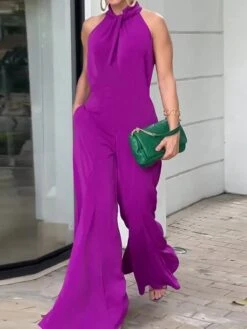 Women's Jumpsuit Pleated Solid Color Halter Elegant Business Going Out Wide Leg Loose Fit Sleeveless Sleeveless Purple S M L Summer