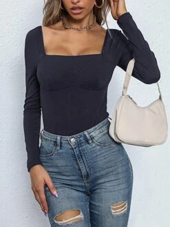 Women's Workout Bodysuit High Waist Solid Color Square Neck Streetwear Daily Going Out Regular Fit Long Sleeve Black Wine Navy Blue S M L Summer Fall Gym 28 Women's Workout Bodysuit High Waist Solid Color Square Neck Streetwear Daily Going Out Regular Fit Long Sleeve Black Wine Navy Blue S M L Summer Fall Gym -Cheap Plus Fit Dress Store nhxtky1689920060417