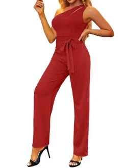 Women's Jumpsuit Lace Up Backless Solid Color One Shoulder Streetwear Street Vacation Regular Fit Sleeveless Black Wine Red S M L Spring -Cheap Plus Fit Dress Store nidqrr1674008893943